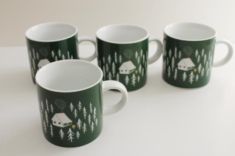 set of 4 Danica short retreat coffee mugs, camp cabin in the pine trees woods