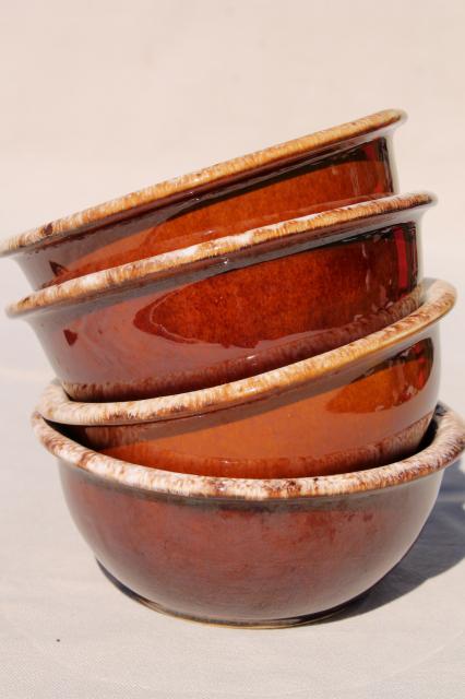 set of 4 brown drip stoneware bowls, vintage Hull oven proof pottery mirror brown glaze
