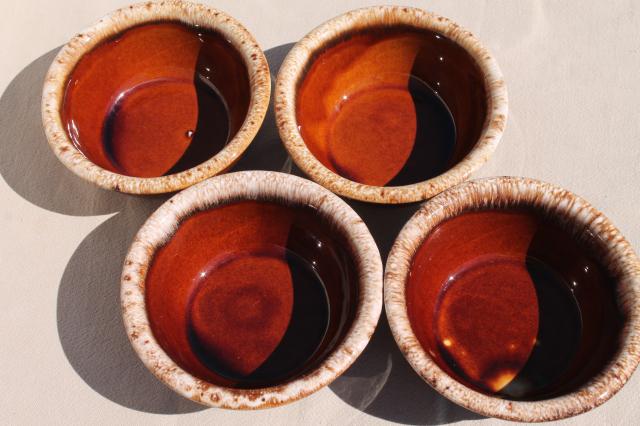 set of 4 brown drip stoneware bowls, vintage Hull oven proof pottery mirror brown glaze