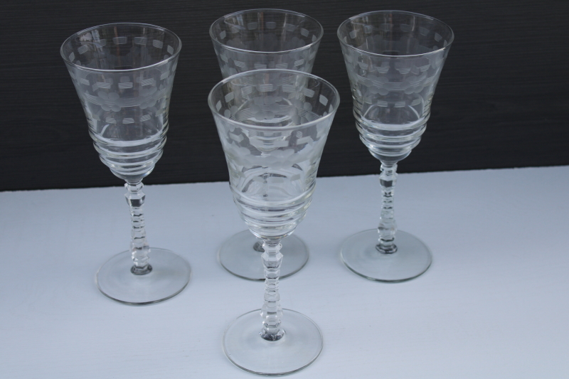 set of 4 vintage Rock Sharpe water glasses, tall goblets stem 3005 10 flowers w/ dashed line