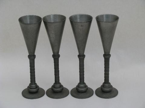 set of 4 vintage pewter wine goblets, tall thin gothic renaissance style shape