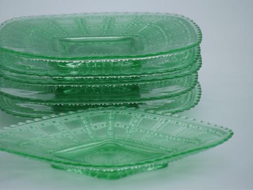 set of 6 Imperial beaded block  glass plates, vintage green depression glass 