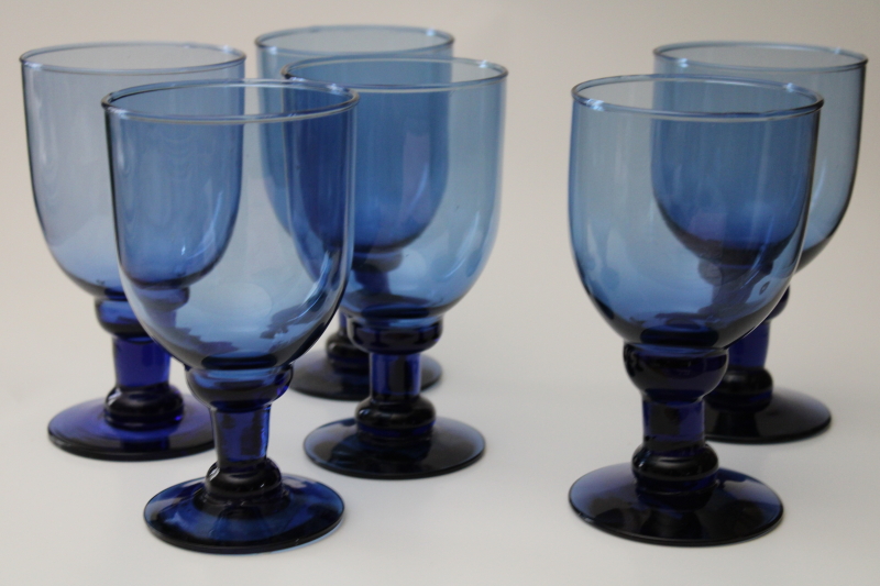 set of 6 hand blown Mexican glass cobalt blue wine glasses or water goblets, new w/ labels vintage