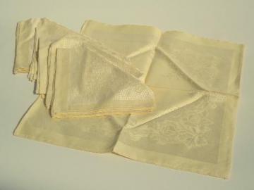 set of 6 unused vintage linen damask napkins, pale yellow 15" squares