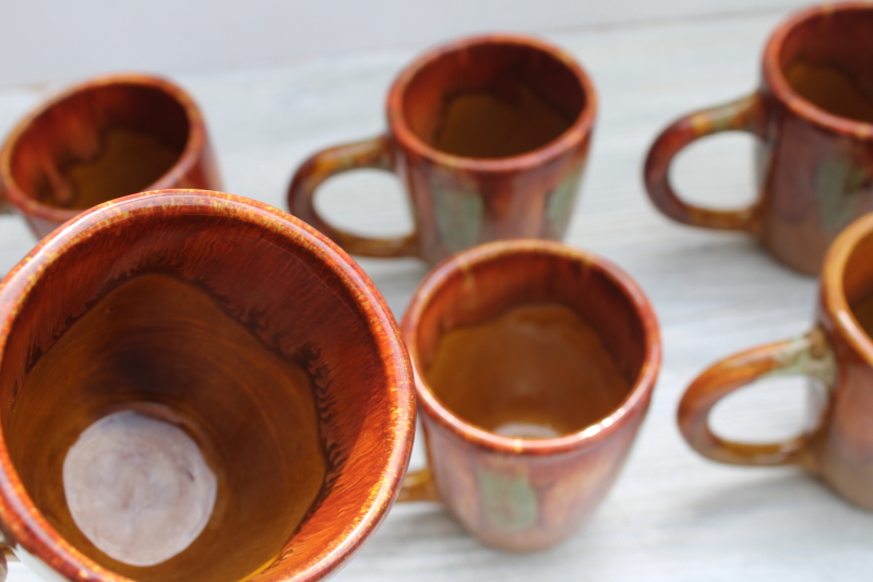set of 6 vintage Dryden Arkansas pottery mugs, Ozark Frontier drip glaze ceramic