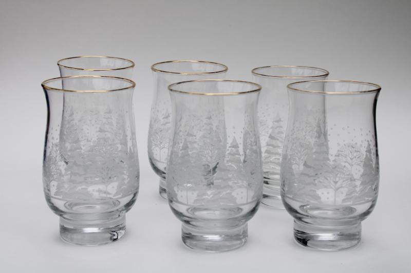 set of 6 vintage Libbey Christmas glasses, winter white trees & snow