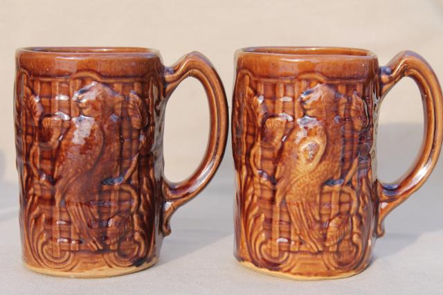 set of 6 vintage stoneware pottery mugs, tall cups or beer steins w/ parrot birds