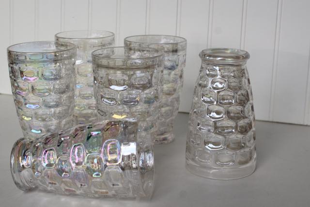 set of 6 vintage thumbprint pattern glass tumblers, iridescent moonglow luster