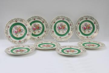 set of 8 Czechoslovakia vintage china dinner plates w/ Dresden floral, green border