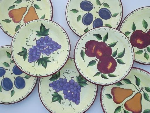 set of 8 Sonoma ceramic plates, Tuscany painted fruit on yellow