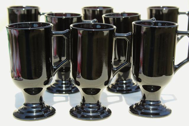 set of 8 footed cups or tall mugs, vintage black glass, Indiana Continental