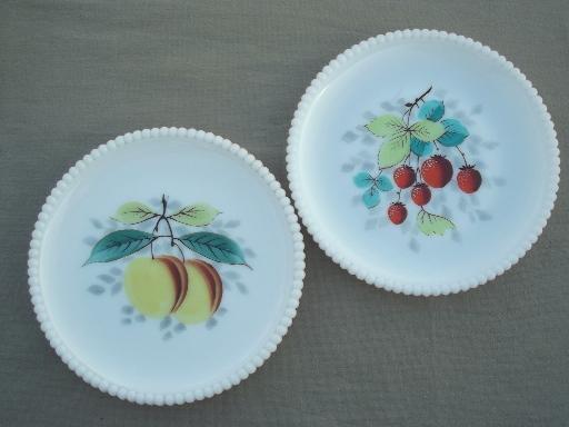 set of 8 vintage Westmoreland milk glass plates w/ hand painted fruit