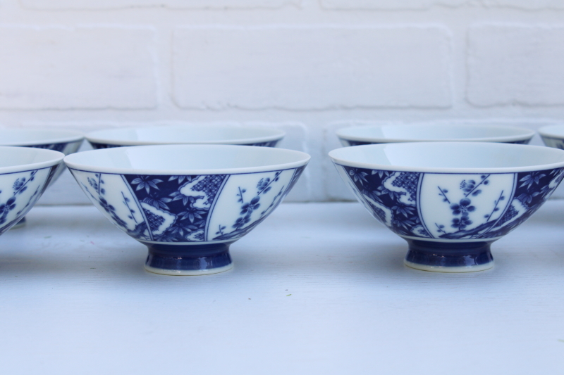 set of 8 vintage blue white porcelain rice or noodle bowls, cherry plum blossom flowering branch