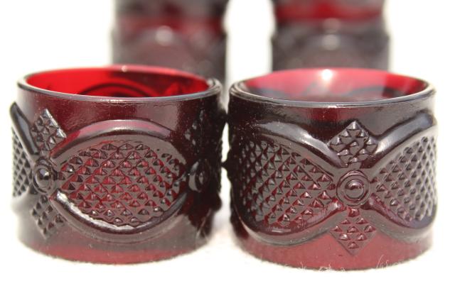 set of 8 vintage glass napkin rings, Avon Cape Cod pattern ruby red glass