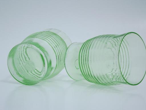 set of 8 vintage green depression glass tumblers, banded ring on optic