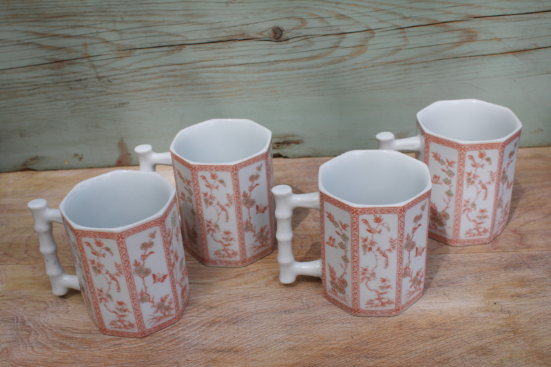 set of 80s 90s vintage mugs, china bamboo handle blush pink chinoiserie floral