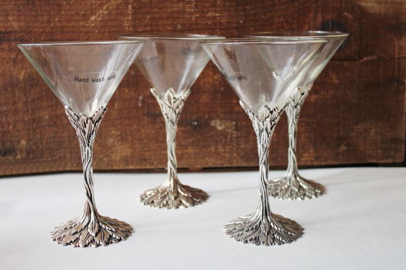 set of Grey Goose vodka cocktail glasses, mythical fairy tale style glass / pewter