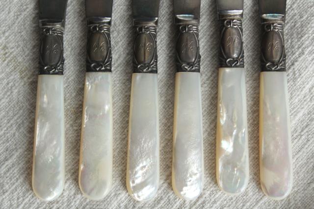 set of antique fruit knives w/ mother of pearl handles, engraved silver or sterling