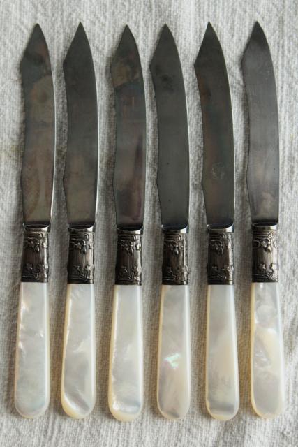 set of antique fruit knives w/ mother of pearl handles, engraved silver or sterling