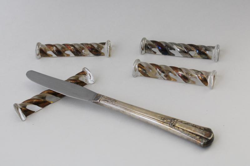 set of art deco vintage glass knife rests, crystal w/ hand painted gold