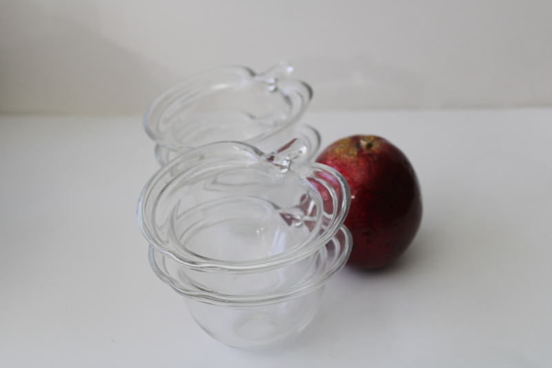 set of clear glass apple shaped bowls, individual dessert dishes or candle holders