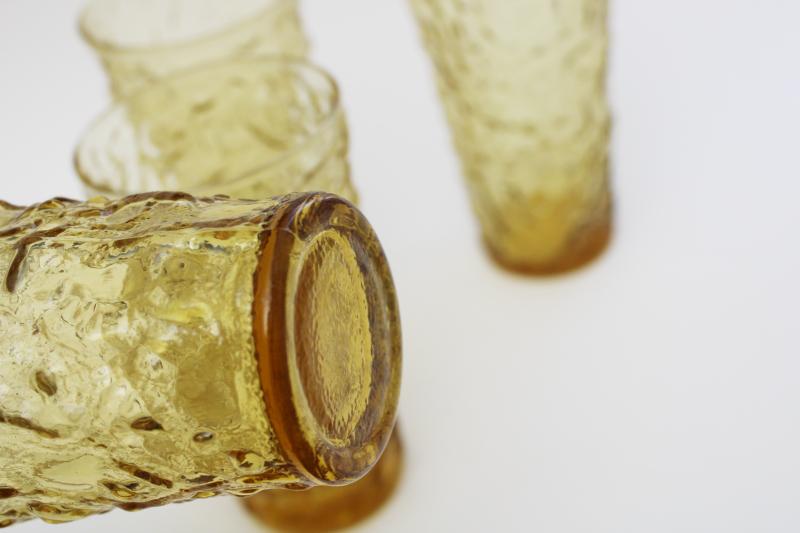 set of crinkle texture drinking glasses, Milano Anchor Hocking honey gold amber glass tumblers
