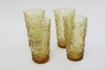 set of crinkle texture drinking glasses, Milano Anchor Hocking honey gold amber glass tumblers