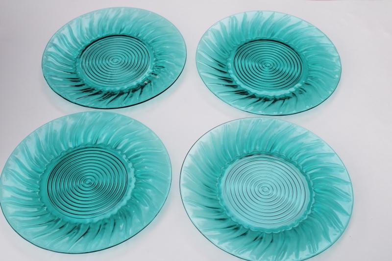 set of four dinner plates, vintage Jeannette ultramarine teal glass