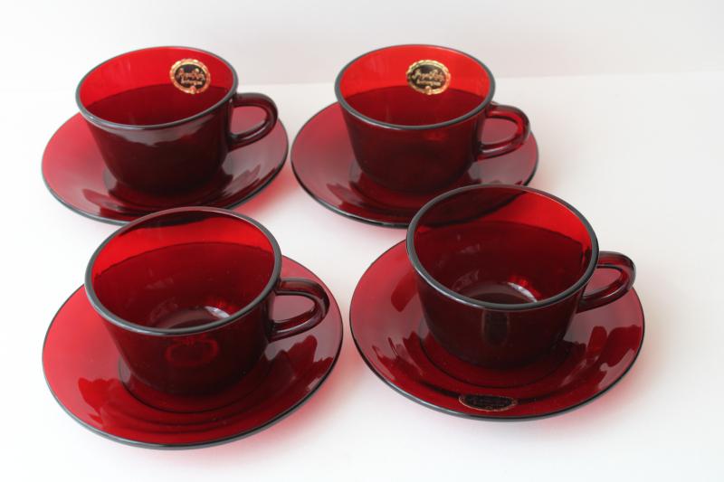 set of four royal ruby red glass cups & saucers w/ original Anchor Hocking labels