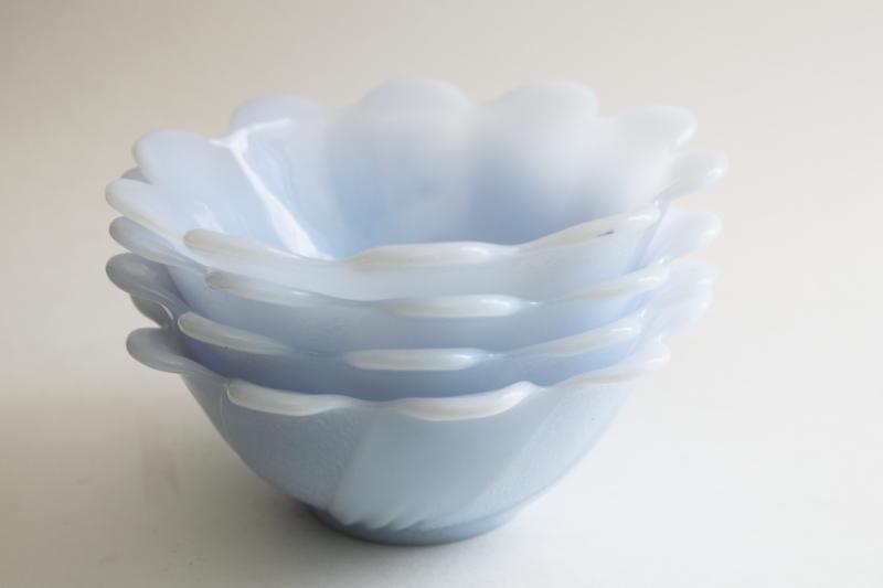 set of four vintage Fire King azurite blue glass lotus flower bowls
