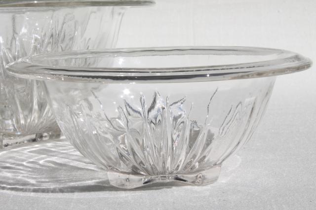 set of four vintage clear kitchen glass mixing bowls, nesting stack large to small sizes
