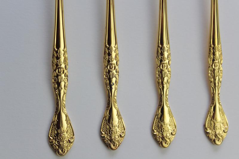 set of long handled iced tea spoons, vintage Charles IV gold electroplate flatware