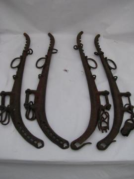 set of primitive antique cast iron harness hames for team of horses, 1916 patent