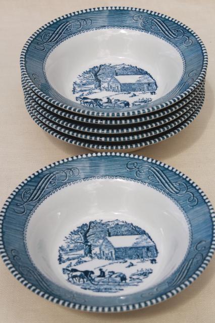 set of six cereal bowls, vintage Royal china Currier & Ives blue transferware