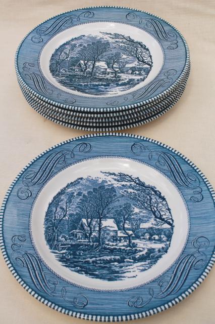 set of six dinner plates, vintage Royal china Currier & Ives blue transferware