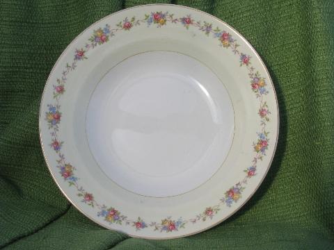 set of six rose border soup plates, vintage Crown Potteries china