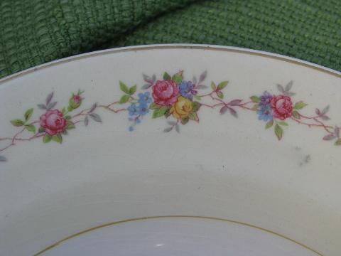 set of six rose border soup plates, vintage Crown Potteries china
