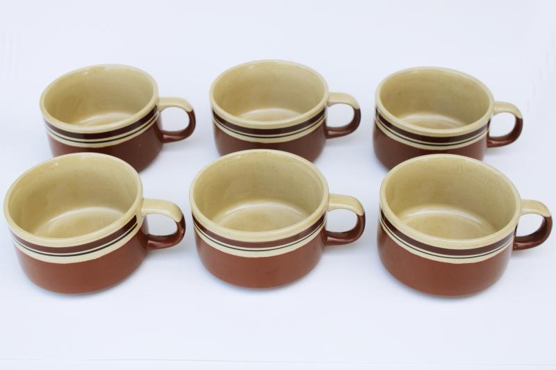 set of six unused vintage soup mugs, stoneware pottery bowls w/ cup handles