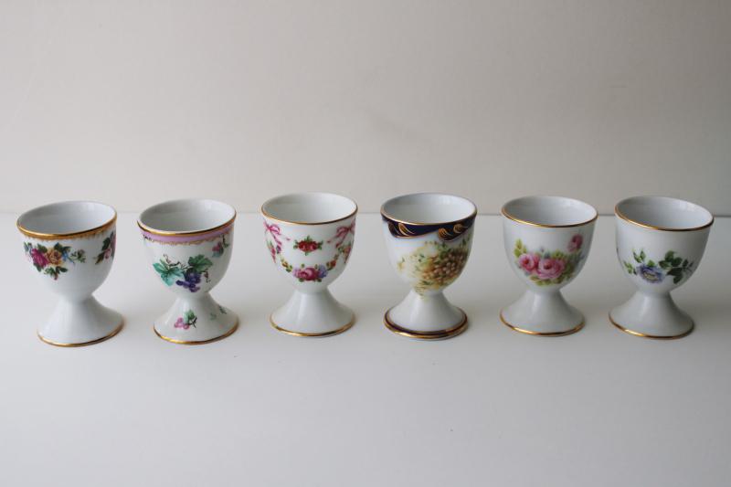 set of six vintage china egg cups, mismatched floral patterns, cottage chic Easter