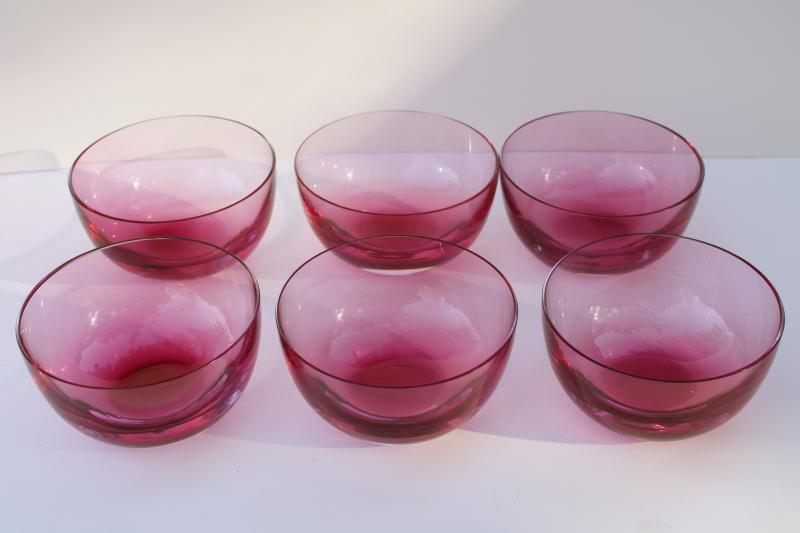 set of six vintage cranberry glass bowls, weighted bottom hand blown glass