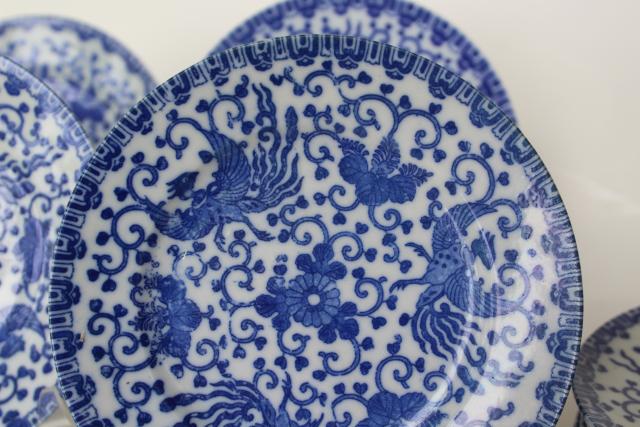 set of small plates, phoenix birds vintage Japan blue & white hand painted china