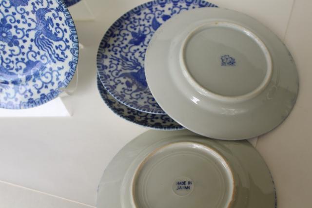 set of small plates, phoenix birds vintage Japan blue & white hand painted china