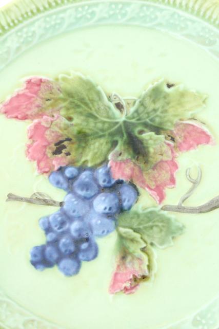 set of vintage Black Forest art pottery plates, majolica grapes, grape leaf & vine