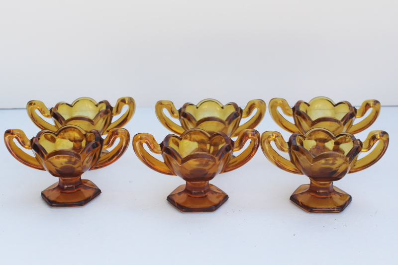 set of vintage amber glass salt dishes, salt cellar master salts double handled cup shape