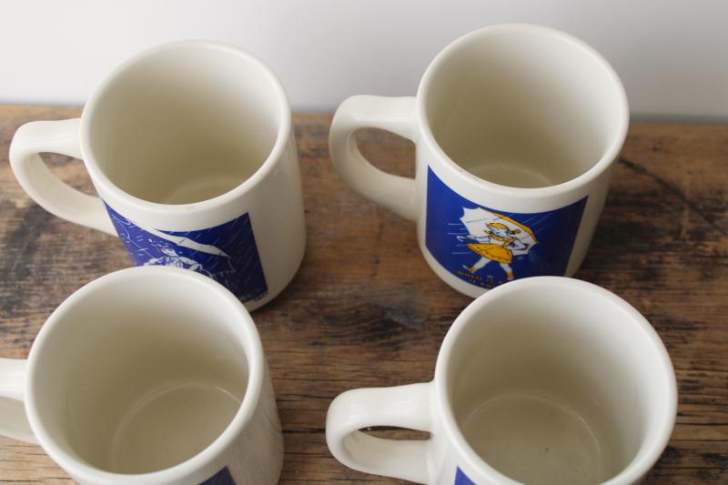 set of vintage china coffee mugs, Morton salt girl 1914 - 1921 - 1956 - 1968 ad graphics