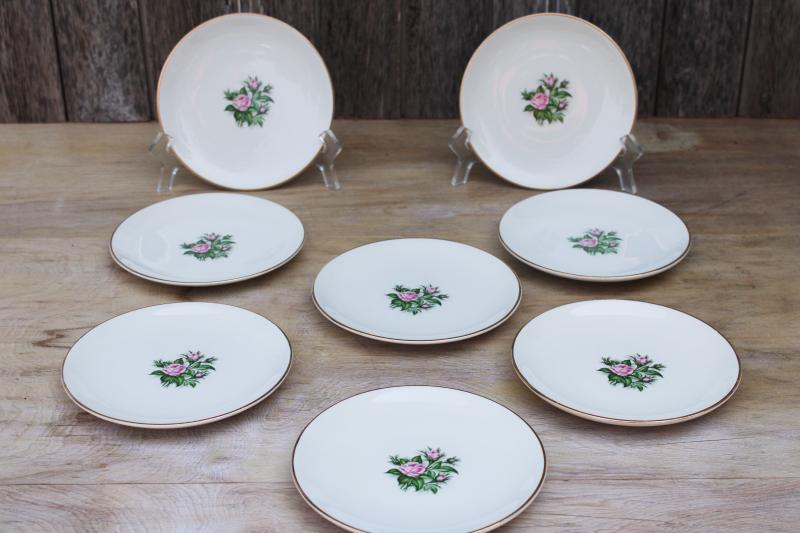 set of vintage cottage style dessert plates w/ pink roses Royal china 