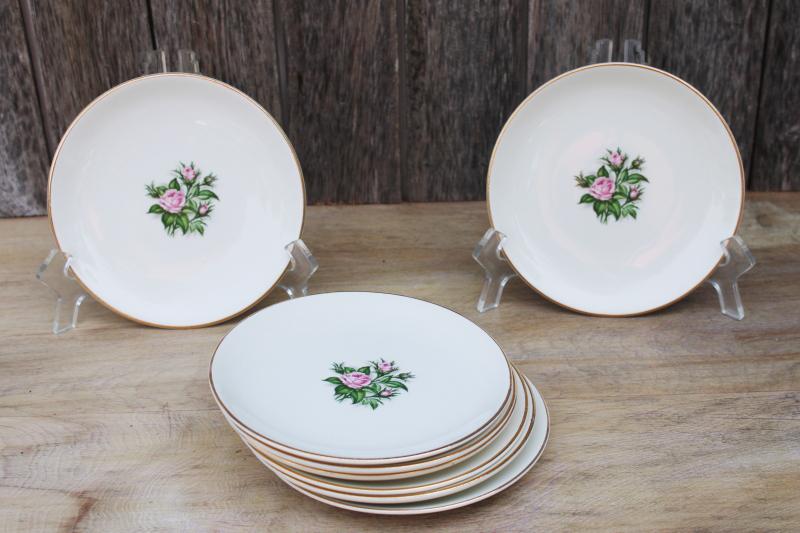 set of vintage cottage style dessert plates w/ pink roses Royal china 