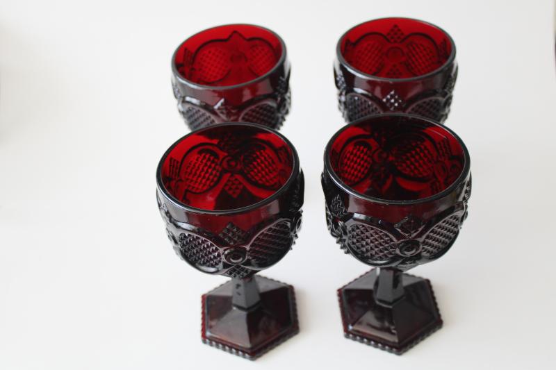 set of vintage ruby red glass water goblets or wine glasses, Avon Cape Cod pattern