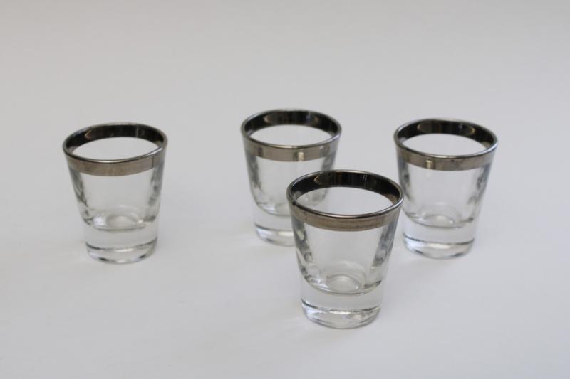 set of vintage shot glasses, silver band clear glass mid-century mod style