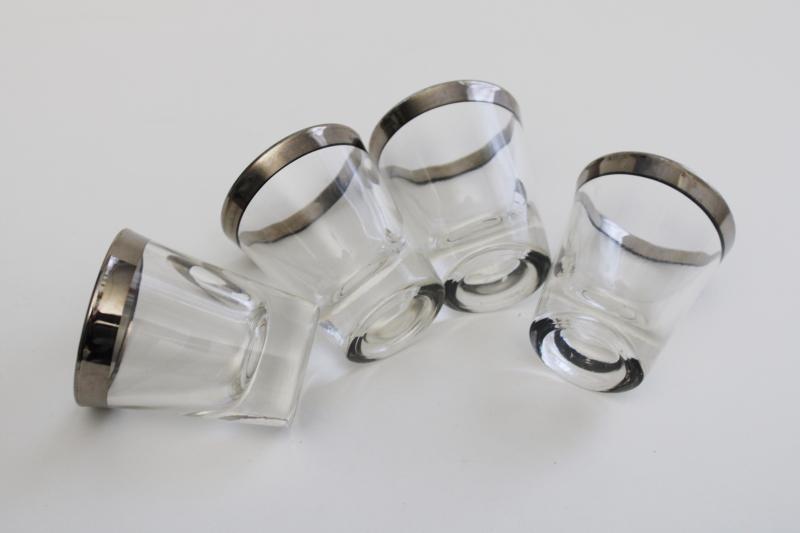 set of vintage shot glasses, silver band clear glass mid-century mod style